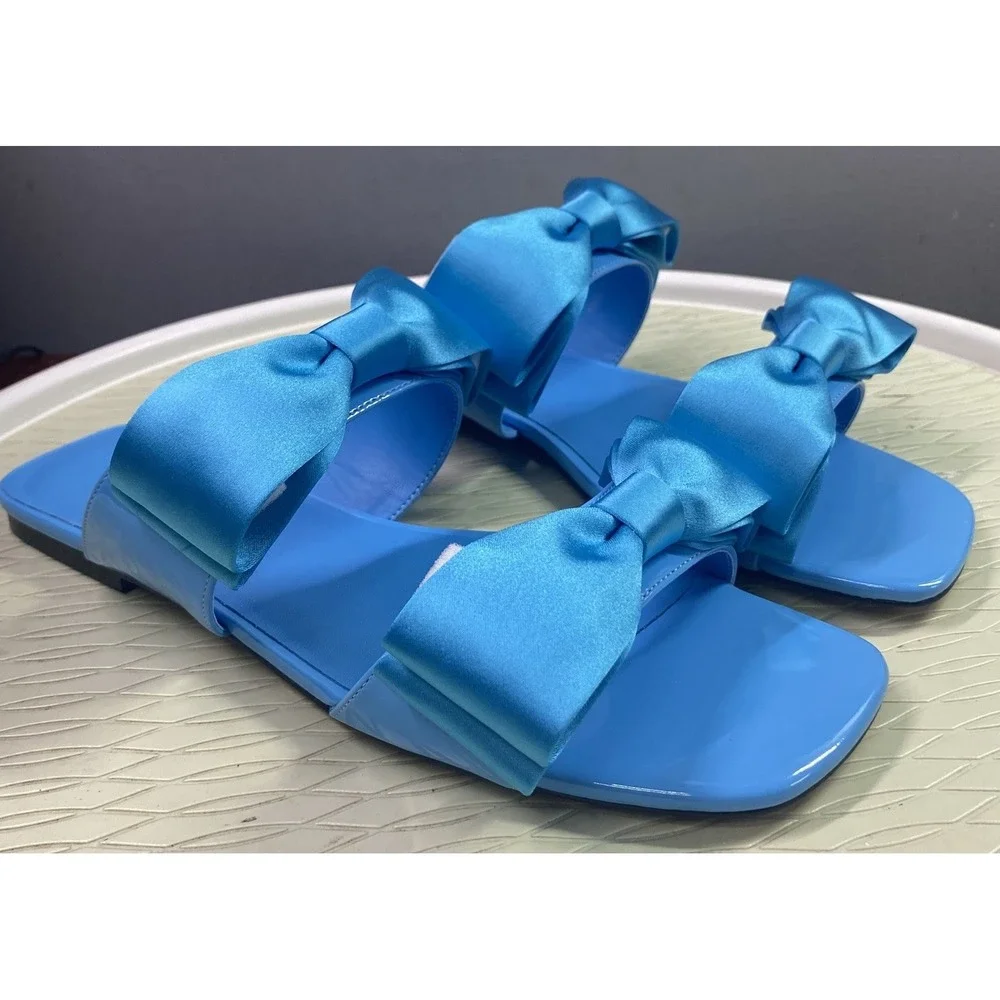 Aminah Abdul Jillil Jody Bow Flat Sandal Blue Square Toe Slide 9M Satin Shoe NWB